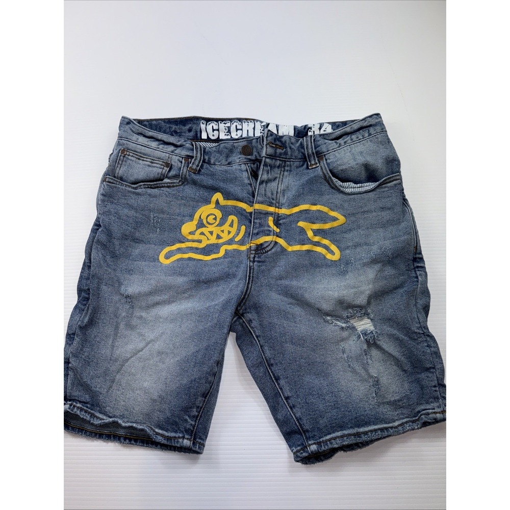 BBC IceCream Run Dog Denim Shorts Mens Hip Hop Jeans Light Blue 34